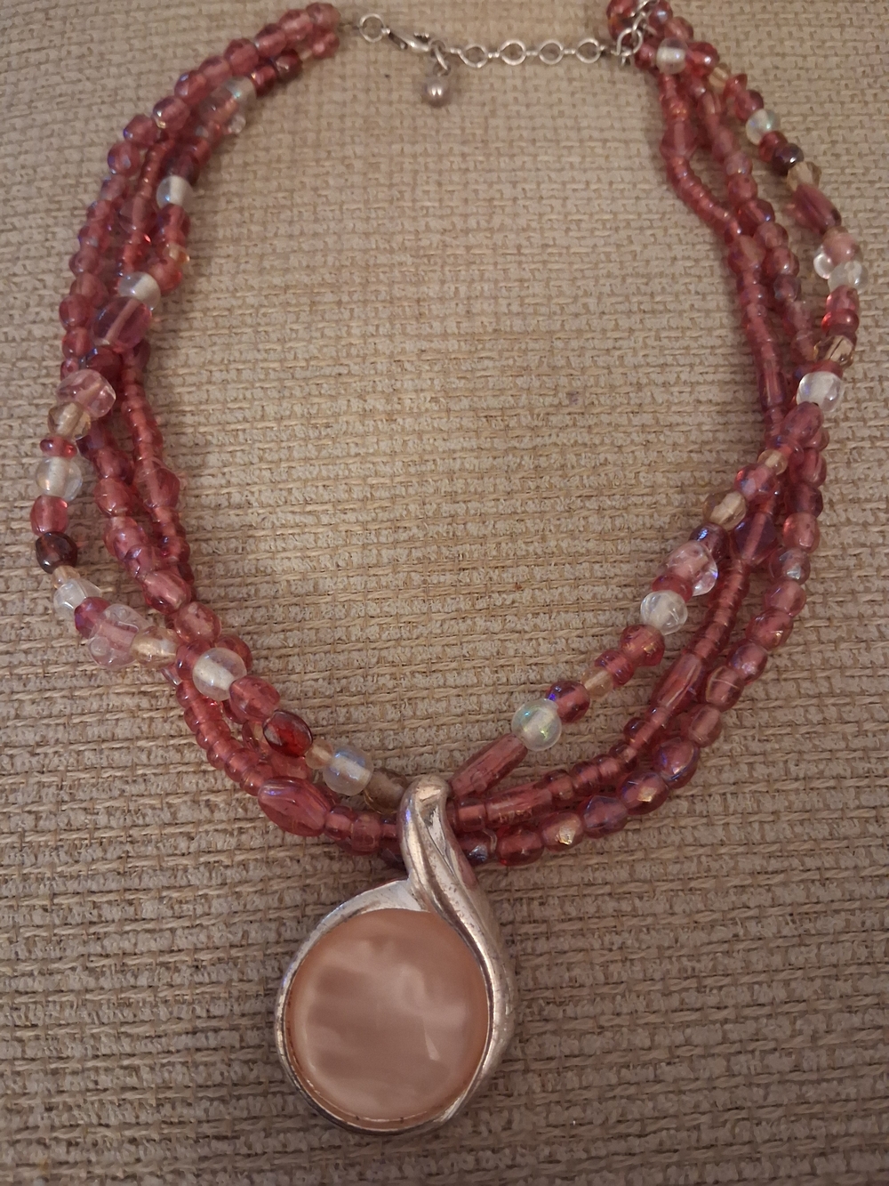 Multi-Strand Pink Beaded Necklace with Pink Pendant Accent